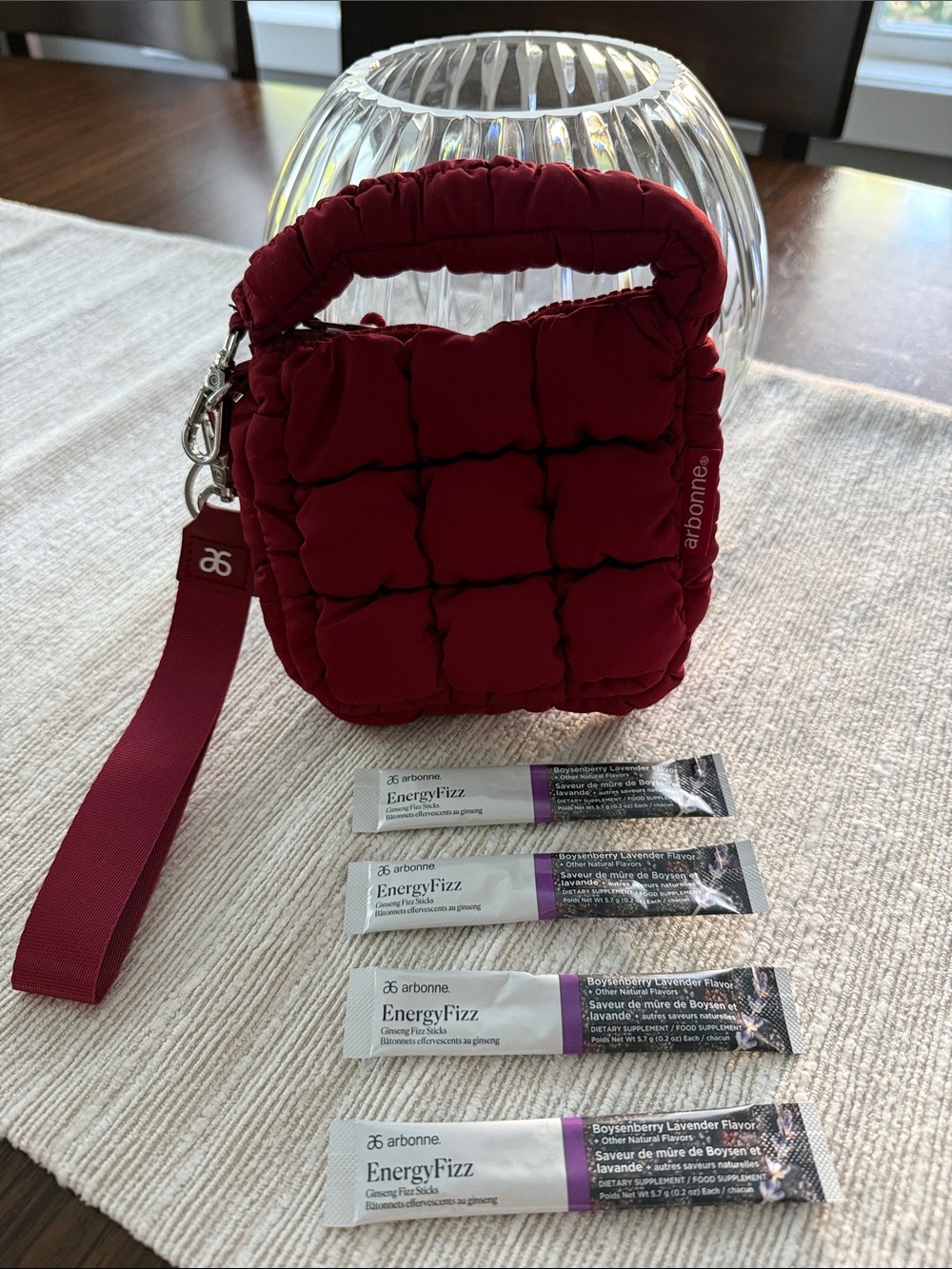 Arbonne Quilted Mini Bag — Strawberry Red  (incl 4 free fizz sticks)